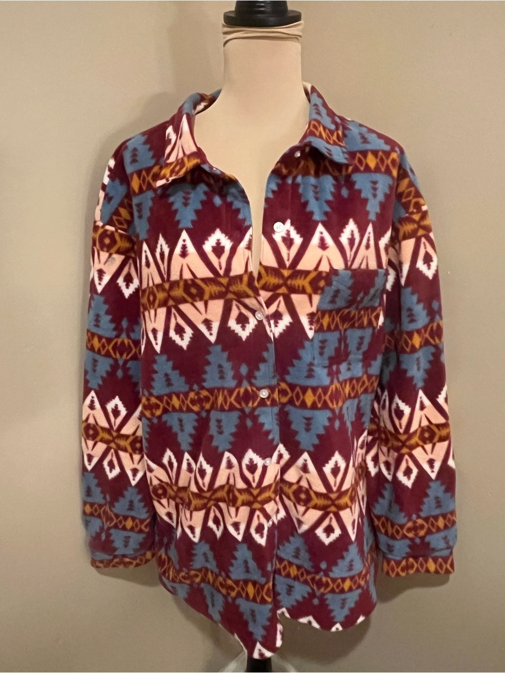 Wrangler Burgundy, Pink, Blue & Mustard Aztec Fleece Shacket,XXL